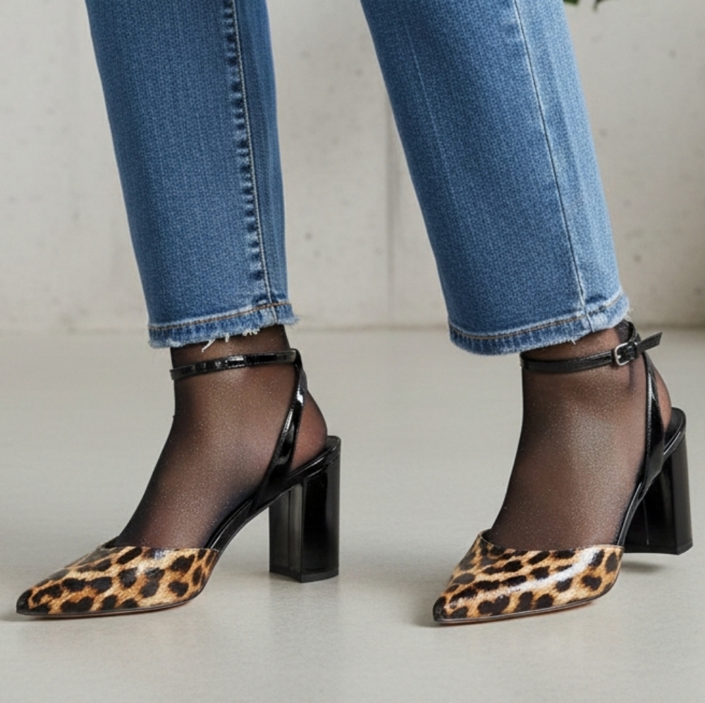 Marc Fisher 8.5 Modern Contemporary Leopard Mobwife Ankle Strap Pointed Toe Heel